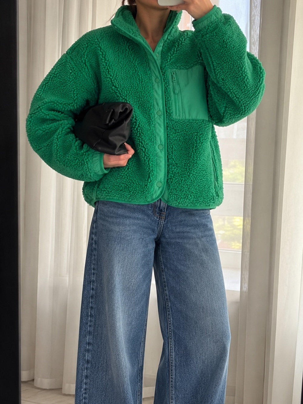 Fabletics Womens L Green Sherpa Fleece Jacket Snap Front Teddy Coat Zip Pockets